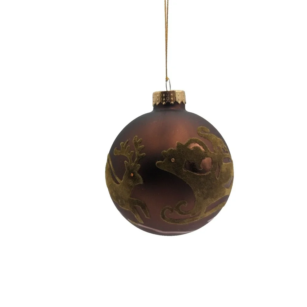 Large brown glass ball Christmas ornament flocked reindeer Santa's sleigh